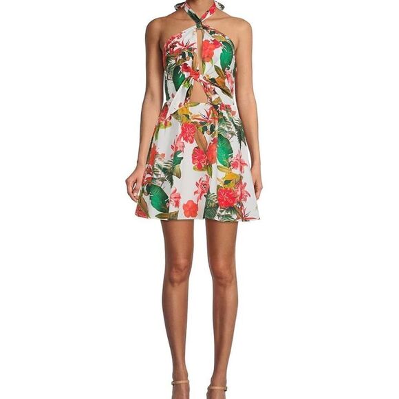 Gianni Bini tropical floral Dress Halter Neck Cut Out Tie front size 8 - Picture 2 of 4